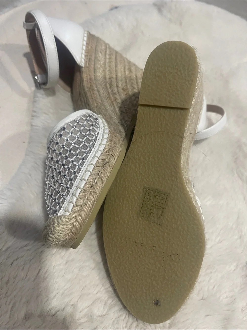 White Woven Espadrille Wedge Sandals with Ankle Strap